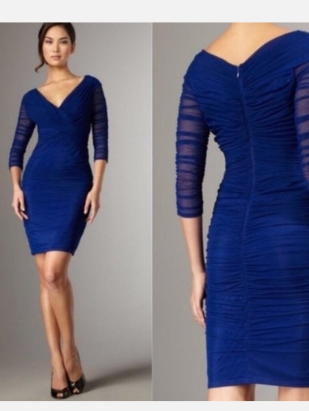 Tadashi Shoji Royal Blue Ruched Mesh Cocktail Dress Size Large
